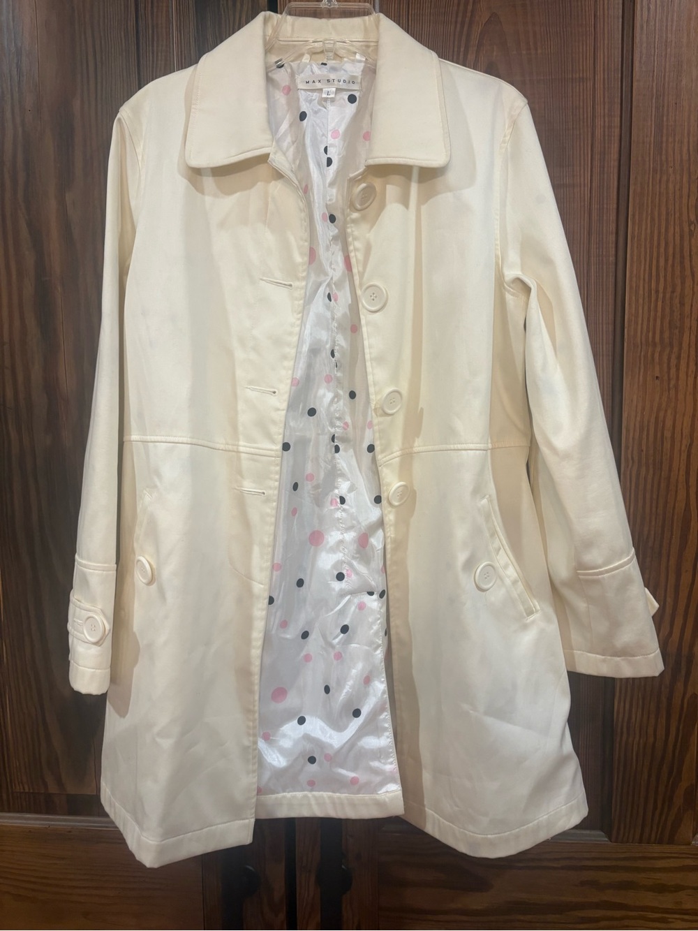Max Studio Cream Single-Breasted Trench Coat with Polka Dot Lining